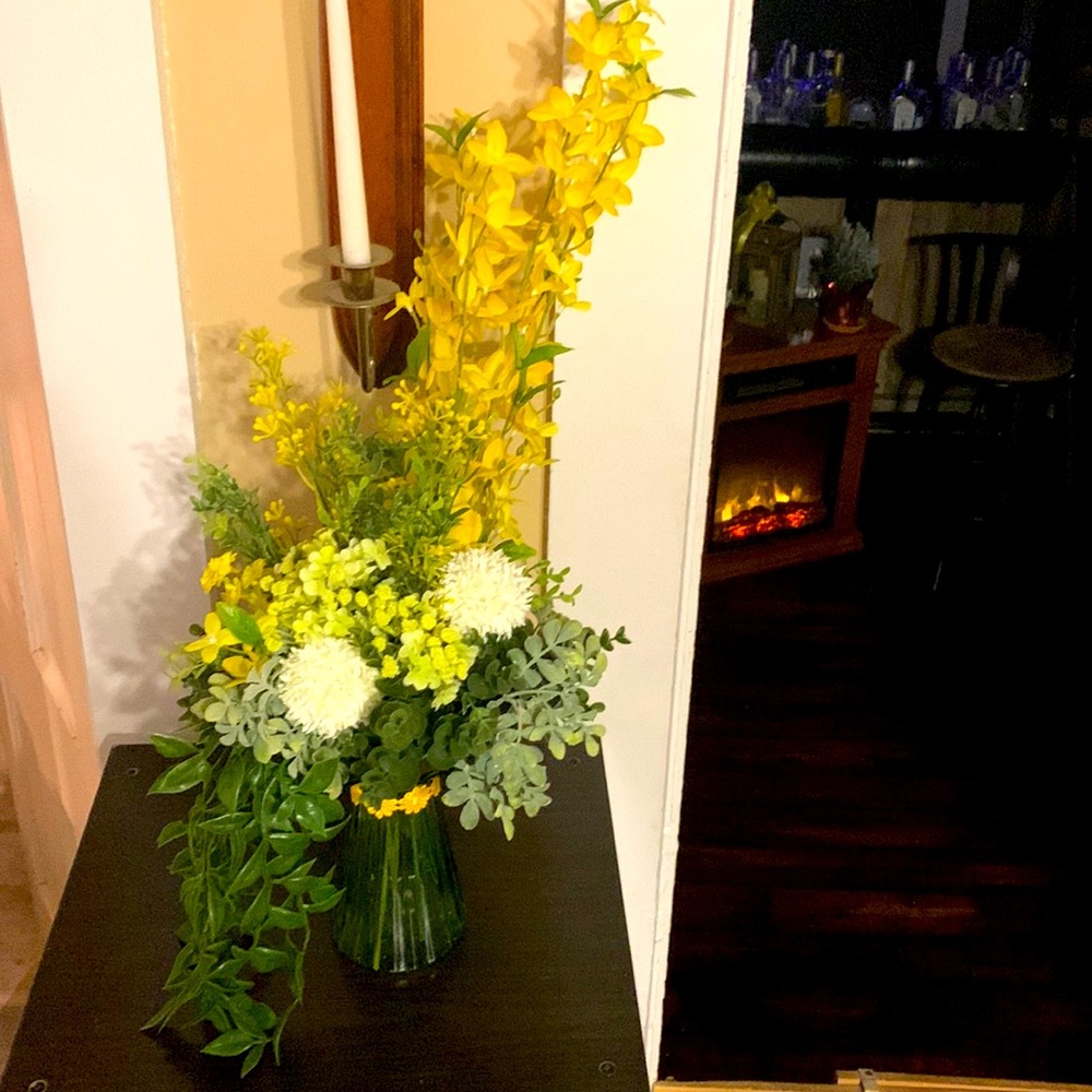 Hand Crafted- spring faux floral arrangement with accent vase